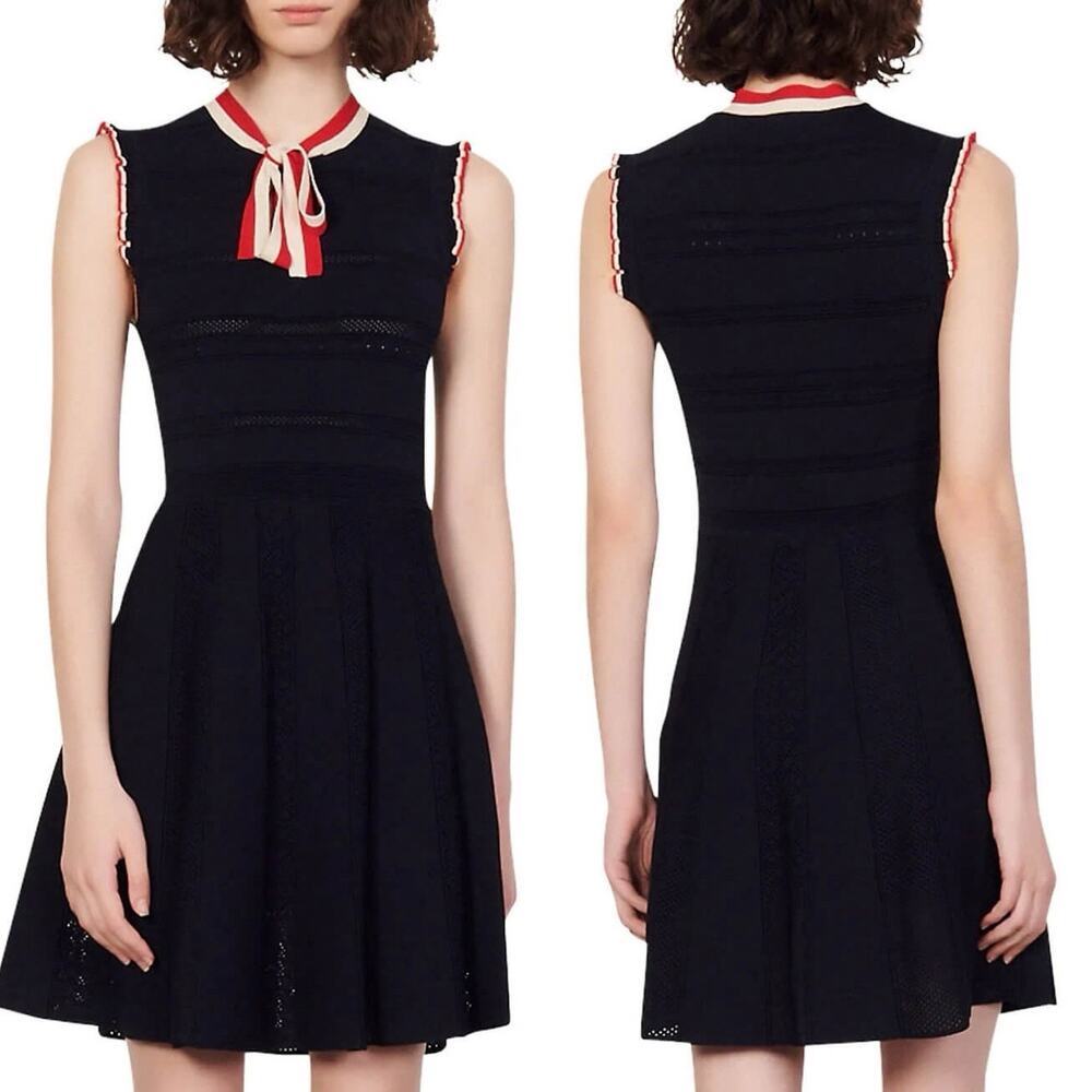 Sandro Paris Navy Blue Tie Neck Knit Fit and Flare Fidelia Dress FR 38 / US 6